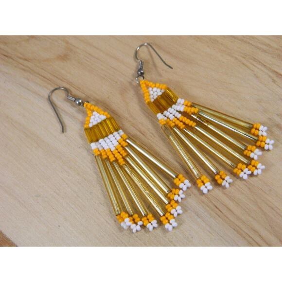 Vintage Beaded Hook Earrings, Orange and White Bead Hook Earrings - Picture 4 of 5